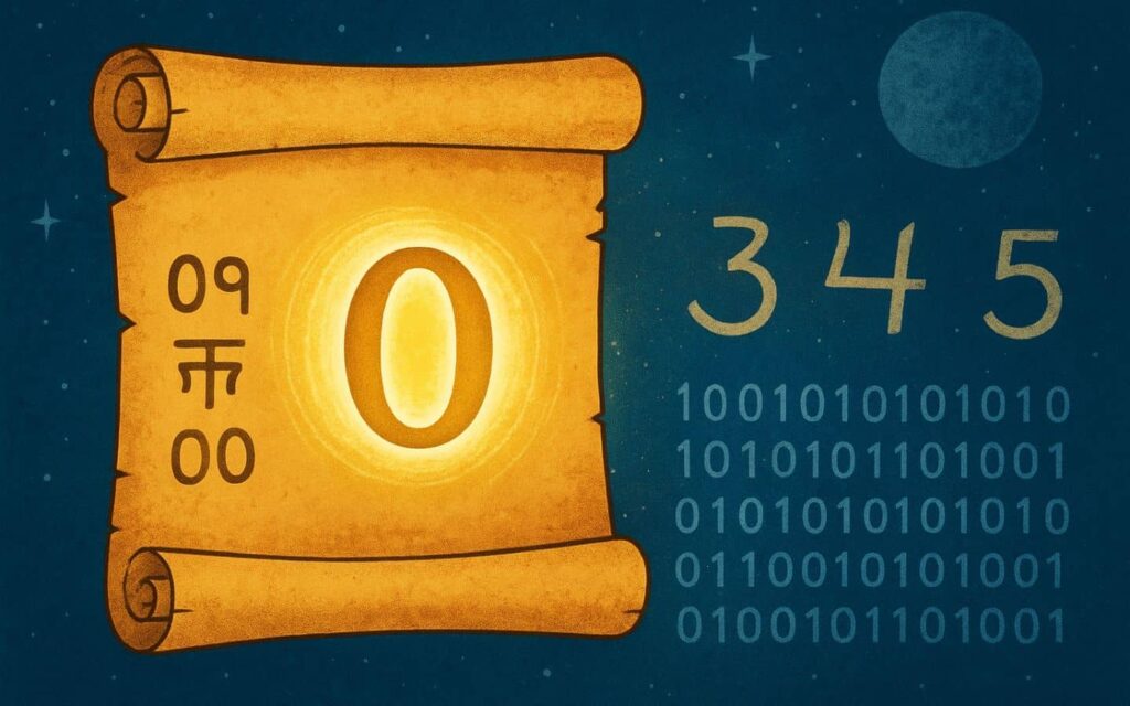 Ilustração mostrando a evolução histórica do número zero, da Índia antiga à era digital, simbolizando a união entre cultura e ciência.