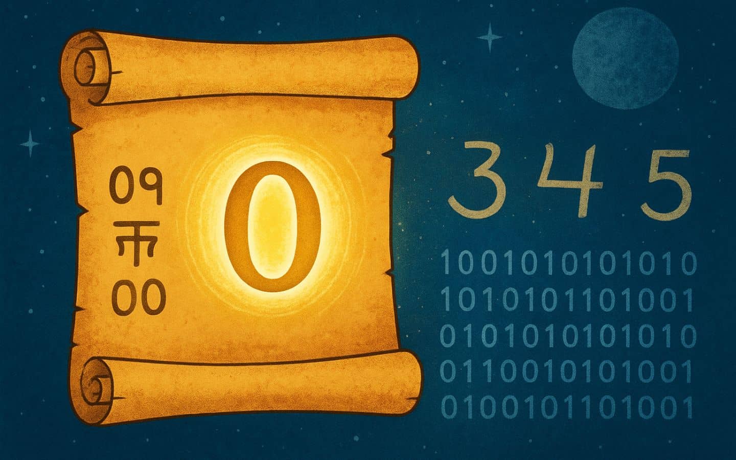Ilustração mostrando a evolução histórica do número zero, da Índia antiga à era digital, simbolizando a união entre cultura e ciência.